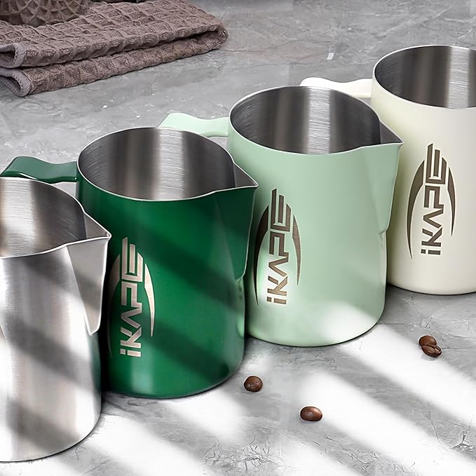 IKAPE Espresso Milk Pitcher, Espresso Steaming Pitcher with Sharp Spout for Espresso Barista Tool, 15.4 oz/450ml Milk Frothing Jug (Light Green)