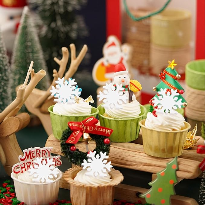 50pcs Edible Snowflake Cupcake Toppers ??Edible Cake Decorations & Snowflake Cake Decorations for Christmas, Winter & Any Party (White)