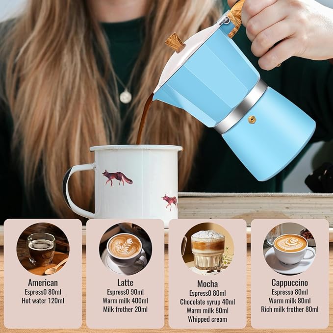 9 Cup Aluminum Moka Pot Classic Stovetop Espresso Coffee Maker 450ml 15oz Coffeemaker Percolator Mocha Pot Greca Coffee Maker Cafe Makers for Italian and Cuban Cafì±?Brewing Blue
