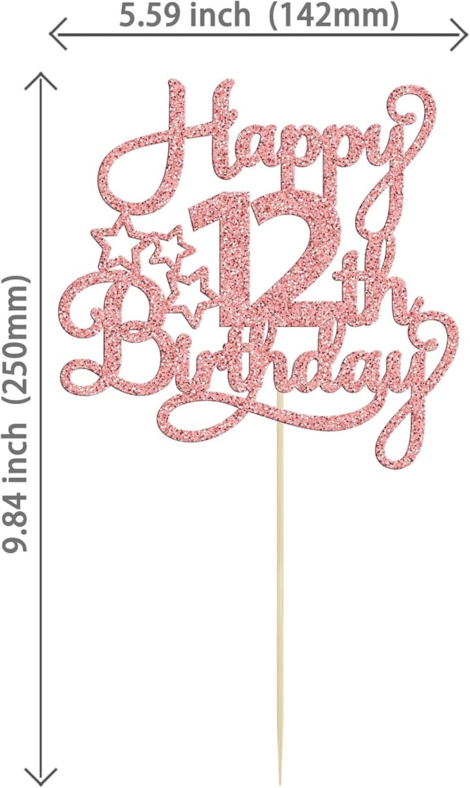1 Pack Happy 12th Birthday Cake Topper Glitter Heart Star 12 Fabulous Cake Pick Birthday Sign Cake Decorations for Children 12th Birthday Theme Party Supplies Rose Gold