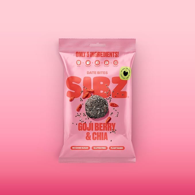 SIBZ Date Bites Goji Berry & Chia Seed - All Natural, Gluten Free, Non GMO, Plant Based, No Added Sugar (2.1oz, Pack of 8)