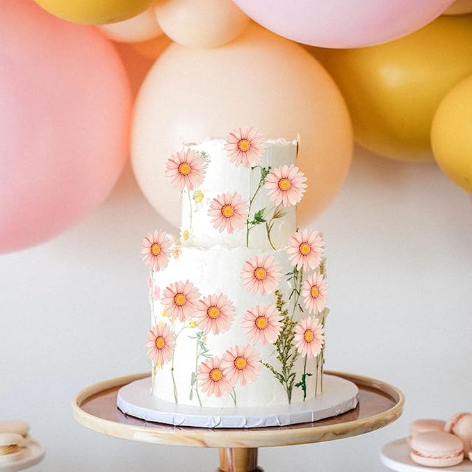 60 Pack Edible Flower Cupcake Toppers Wafer Paper Beautiful Flower Cake Picks for Wedding Birthday Theme Baby Shower Party Cake Decorations Supplies Pink