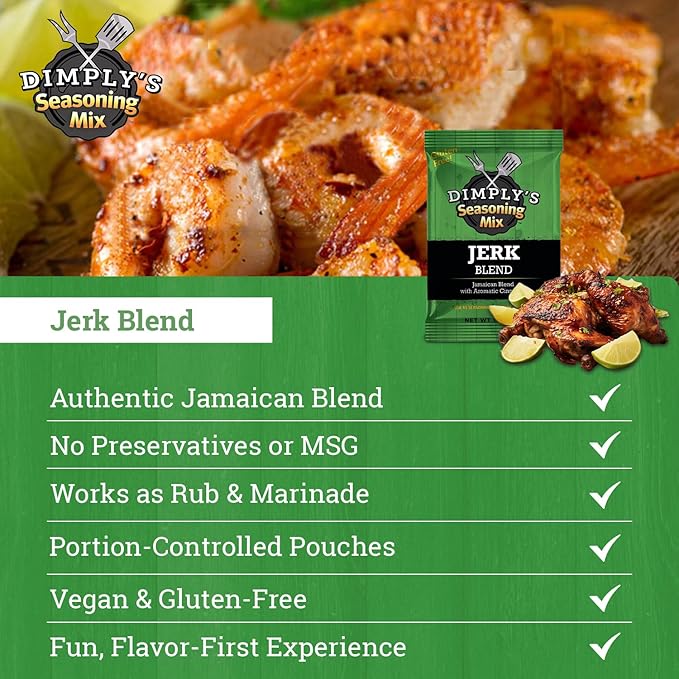 Dimply's Jamaican Jerk Seasoning Mix – Dry Rub and Marinade for Chicken, Meat, Vegetables, Tofu – Bold Caribbean Spice Blend – Vegan, Gluten Free, No MSG, No Preservatives – 6 oz Bag, 12 Pack