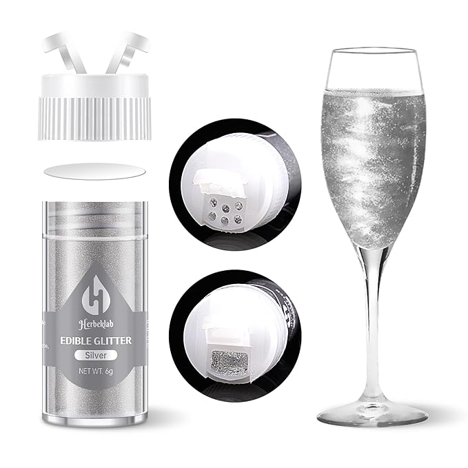 Silver Edible Glitter ??6g Luster Dust Drink Glitter, Food Grade Shimmer Powder for Cocktails, Cakes, Beverages, Chocolate & Candy