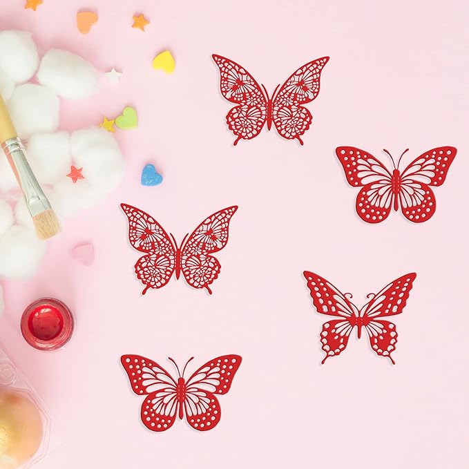 Gyufise Metallic Red Butterfly Cupcake Toppers Hollow Art 3D Butterfly Cupcake Decorations Baby Shower Wedding Anniversary Kids Birthday Party Cake Wall Decorations Supplies 36Pcs