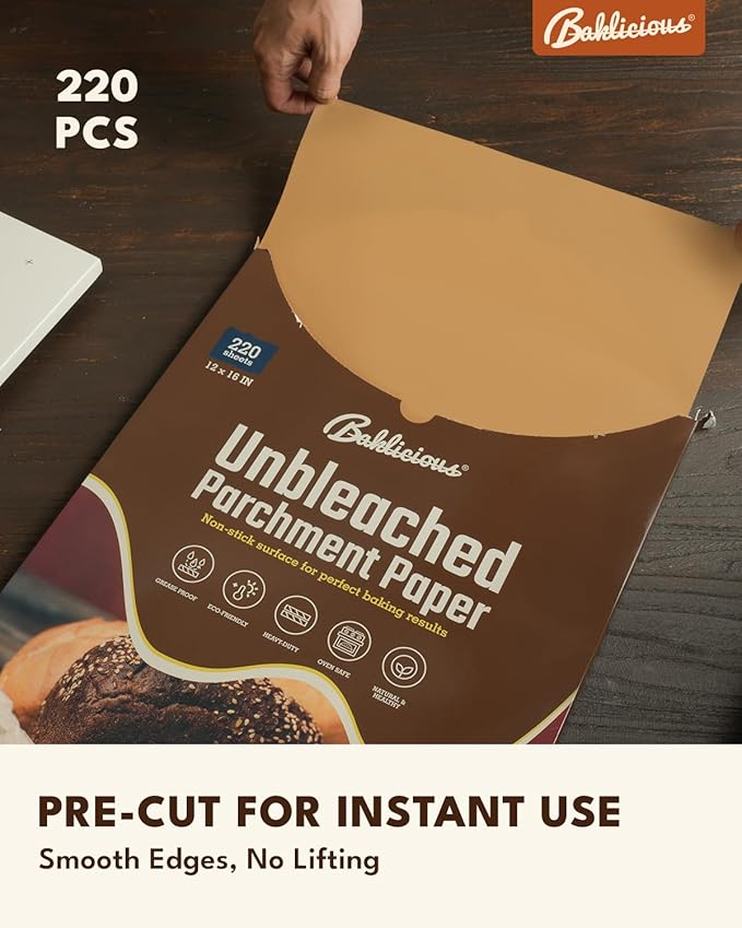 220 Pcs Unbleached Parchment Paper Baking Sheets, Baklicious Pre-cut Heavy Duty Parchment Baking Paper for Air Fryer, Oven, Bakeware, Steaming, Cooking Bread, CupCake, Cookies