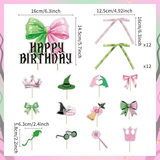 Witch Birthday Cake Decorations Pink Green Cupcake Toppers Pink and Green Birthday Party Supplies Cake Decorations