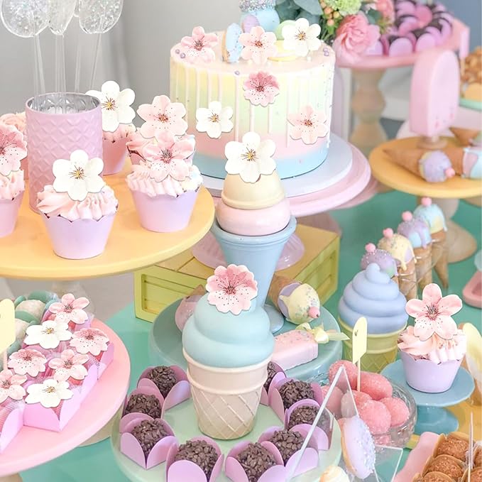 Morofme 50pcs Edible Cherry Blossom Cupcake Topper Wafer Paper Cherry Blossoms Flowers Cupcake Topper Sakura Cake Topper Edible Flower Cake Decorations for Birthday baby shower Party Supplies