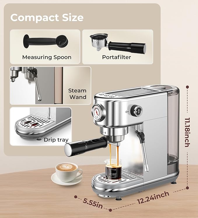 Espresso Machine with Milk Frother, 20 Bar High Pressure Professional Espresso Maker Automatic, Compact Stainless Steel Coffee Machine for Cappuccino, Latte, Gift for Coffee Lover, Silver