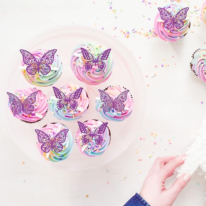 Gyufise 36 Pack Purple 3D Butterfly Cupcake Toppers Hollow Cake Decorations for Birthday Wedding Fairy Party Wall Sticker Decal