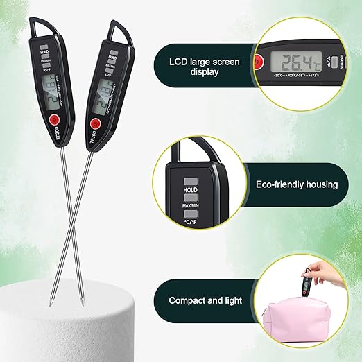 12 Set Waterproof Food Thermometer for Water, Liquid, Candle and Cooking Digital Meat Thermometer with Long Probe Instant Read for Kitchen BBQ Grill Candy (Black)