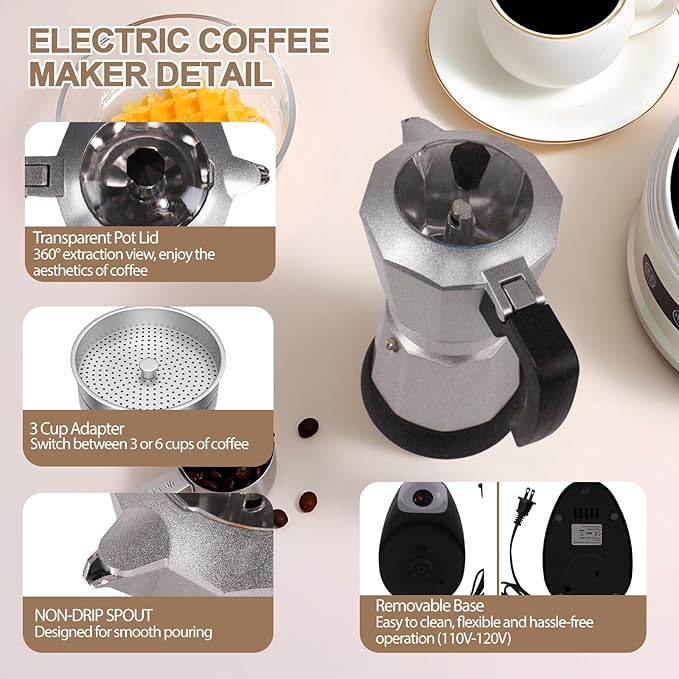Aluminum Electric Moka Pot 5-6 Cup 270ml Express Coffee Maker Stovetop Espresso Portable Coffeemaker Italian Classic Brewing Greca Cafe Mocha with Removable Base and Overheating Protection Machine