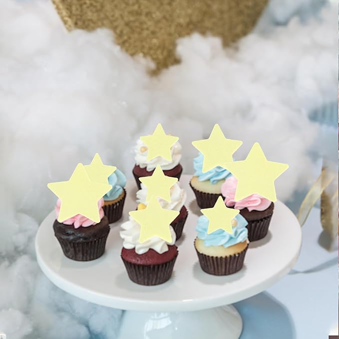 60 Pack Edible Star Cupcake Topper Twinkle Little Star Cupcake Picks Water Paper Little Star Theme Cupcake Decorations for Wedding Engagement Bridal Shower Birthday Party Supplies Yellow 2