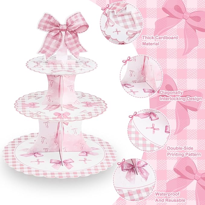 2 Pack Pink Bow Birthday Decorations Bow Cupcake Stand Coquette Theme Birthday Decorations for Women Girls Bachelorette Bridal Engagement Wedding Baby Shower Supplies