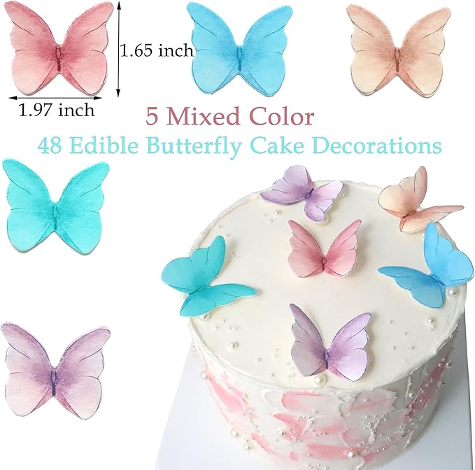 48 Pcs Edible Butterfly Cake Decorations Cupcake Toppers Decorations 5 Mixed Color Wafer Paper Butterfly Wedding Themed Party Birthday
