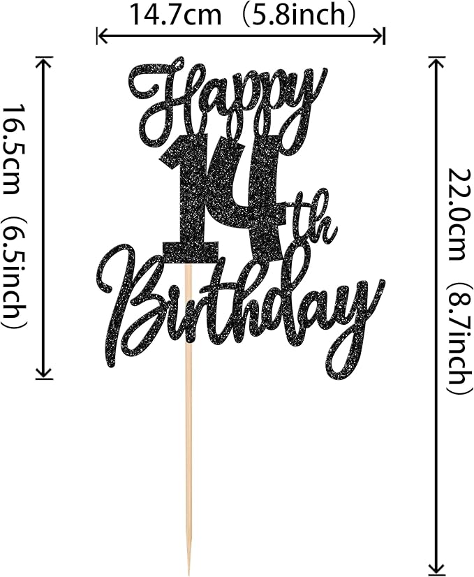 1 PCS Happy 14th Birthday Cake Topper Glitter Cheers to 14 Years Birthday Cake Pick Fourteen Hello 14 Fabulous Cake Decoration for Happy 14th Birthday Anniversary Party Decorations Supplies Black
