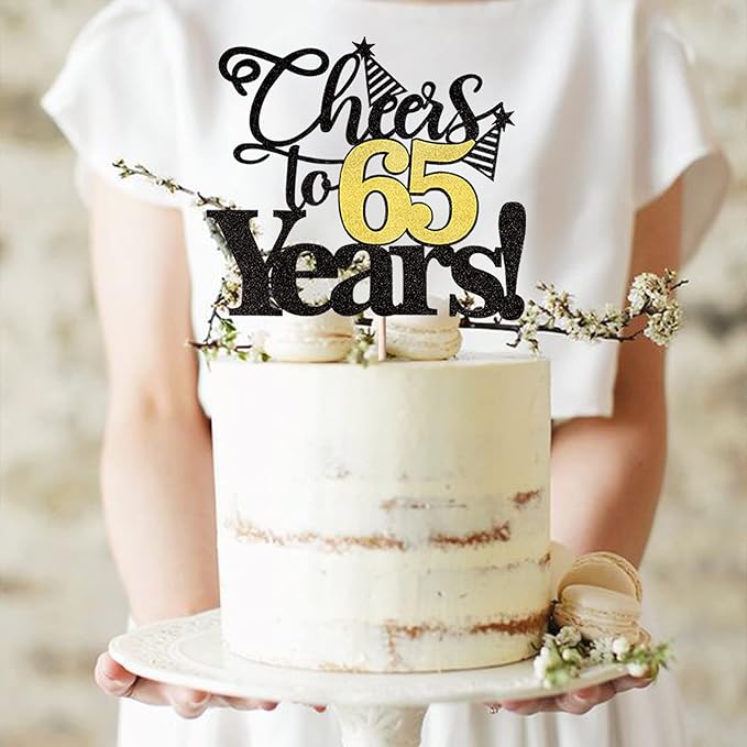 Rsstarxi 1 Pack Cheers to 65 Years Cake Topper Glitter Sixty Five Years Old 65th Birthday Cake Pick 65 Fabulous Cake Decorations for Happy 65th Birthday Wedding Anniversary Party Supplies Black