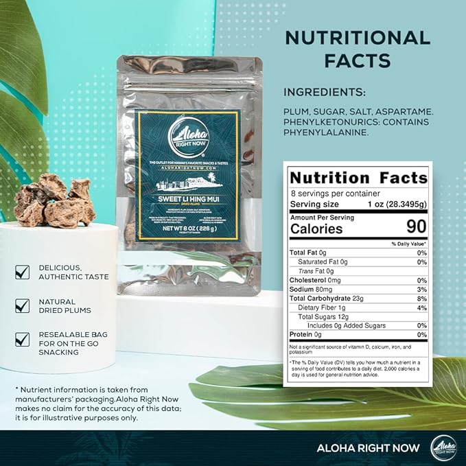 Aloha Right Now - Sweet Li Hing Mui Crack Seed Dried Plums (8 oz) - Li Hing Mui Candy for Snacking & Flavoring any Iced Beverage - Preserved Sweet Sour & Salty Asian Fruit Plum Seeds, Hawaiian Snacks