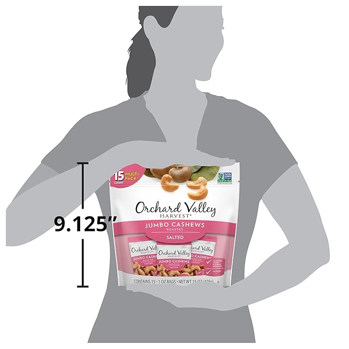 Orchard Valley Harvest Jumbo Cashews, 1 oz Bags (Pack of 15), Whole Roasted Salted Cashews, Gluten Free, No Artificial Colors, Flavors or Preservatives, Non-GMO, Snacks for Adults