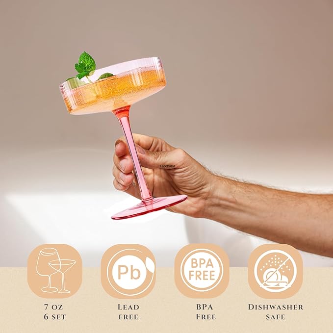 Khen Pastels Colored Vintage Art Deco Coupe Glasses - Martini, Cocktail & Champagne Ribbed Glasses 7oz | Set of 5 | Bright Pastel Crystal Glassware, Goblet Cocktails, Stemmed Ripple Glassware Gifts