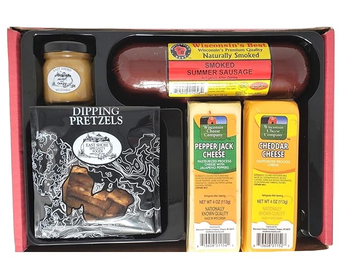Wisconsin Cheese Company - Classic Snack Gift Box -100% Wisconsin Cheddar & Pepper Jack Cheese, Sausage, Pretzels & Mustard | Perfect for Parties, Charcuterie Boards and Birthdays