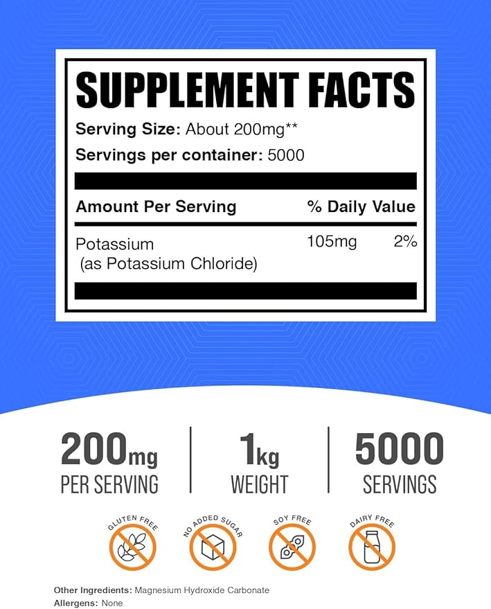 BulkSupplements.com Potassium Chloride Powder - Salt Substitute, Potassium Salt - Gluten Free, 200mg per Serving, 1kg (2.2 lbs) (Pack of 1)