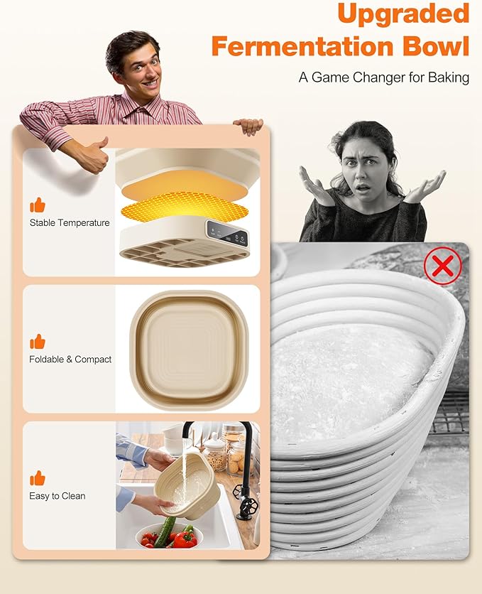 Heating Banneton Bread Proofing Basket, SMOOTHARMOR Electric Silicone Sourdough Starter Kit, 2L Foldable Thermostatic Sourdough Bread Baking Supplies, Timer & 6 Temp Settings, Dishwasher Safe, 7 Tools