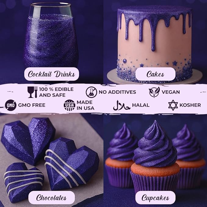 Bulk (20g) Purple Luster Dust Edible Glitter for Cocktails | Premium Edible Purple Luster Dust for Cake Decorations - Edible Glitter for Drinks Cupcakes Cookies Cakes Food Paint