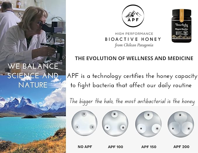 Patagonia Mountain Honey APF 100+ by TERRA ANDES PLUS | Raw natural organic honey. Highest bioactive grade. Made in Chilean Patagonia. 100% pure. NON Gmo. Awarded worldwide. Unfiltered Honey, 8.8 oz