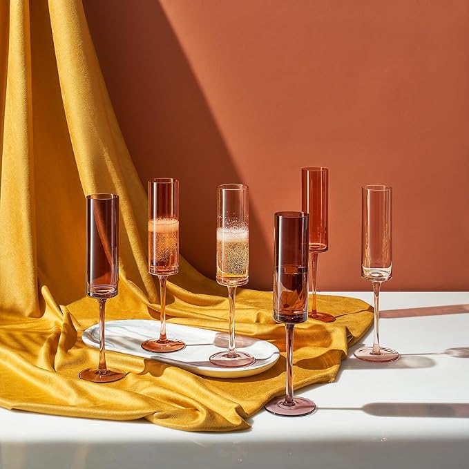 Khen Venus Glasses Luxury Glassware - Set of 6 - Everyday, Winter Gift Her, Mom, Wife, Girlfriend, Special Celebrations Drinkware, Textured Glass, Brown Style Amber Colored -Champagne Flute 6oz