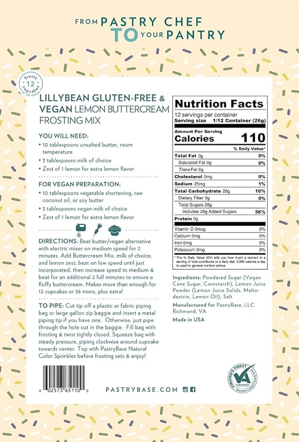 LillyBean Gluten Free Lemon Buttercream Frosting Mix with No Artificial Colors - Dairy and Soy Free, Vegan Icing for Decorating Cakes, Cupcakes, Cookies - 12 oz