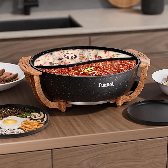 5-Temp Electric Hot Pot with Wood Grain Handles, 6L Family Size, 1100W Rapid Heating, PTFE Non-Stick Coating & Dry-Burn Protection, Dual Divider for Hot & Mild Broths