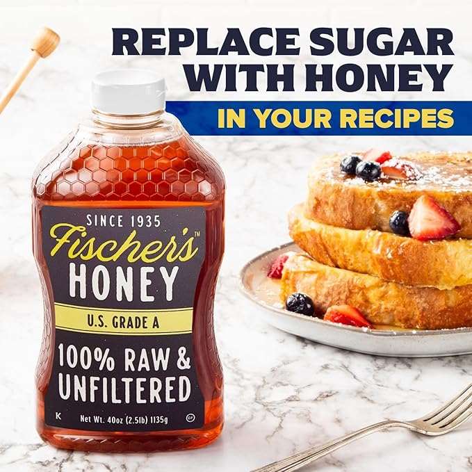 Fischer’s 100% Pure, Raw & Unfiltered Honey, 40 oz – USA Made Honey – All-Natural Sweetener – Rich Flavor Profile, Packed with Nutrients