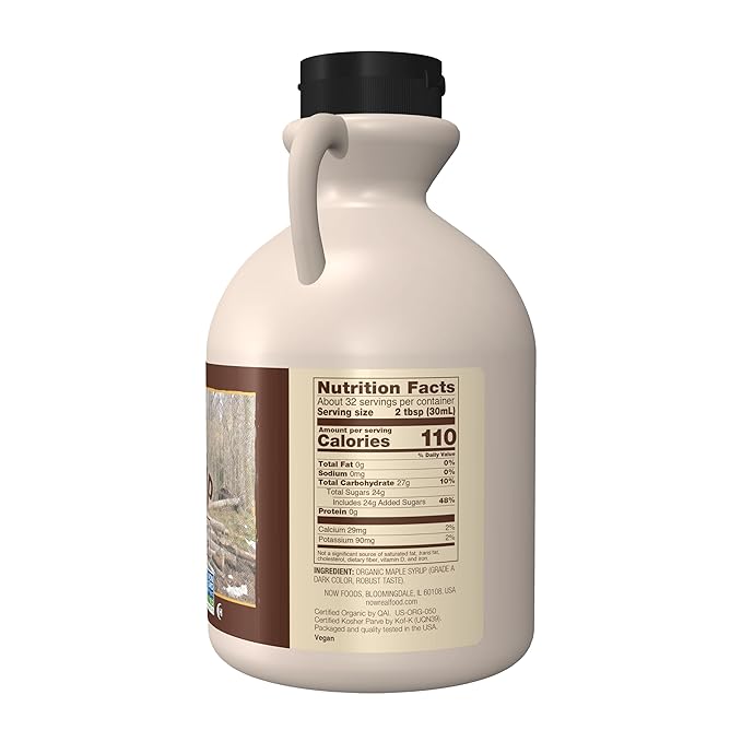 NOW Foods, Certified Organic Maple Syrup, Grade A Dark Color, Certified Non-GMO, Pure, Robust Taste, 32-Ounce