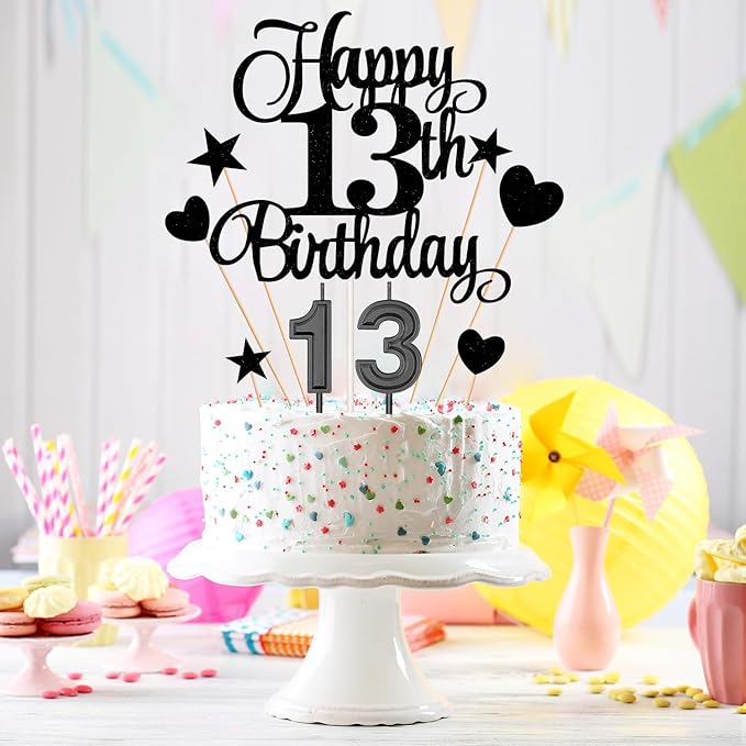 13th Birthday Cake Decorations Set Include 13th Birthday Candles Numeral 13 Cake Candles and Happy 13th Birthday Cake Toppers with Heart Star Cupcake Picks for Birthday Party (Black Series)