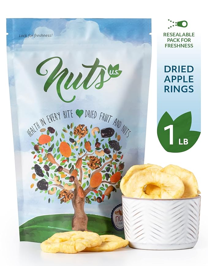 NUTS U.S. - Dried Apple Rings | No Added Sugar | No Artificial Color | Chewy Texture | NON-GMO | Juicy and Natural | Packed in a Resealable Bag!!! (1 LB)