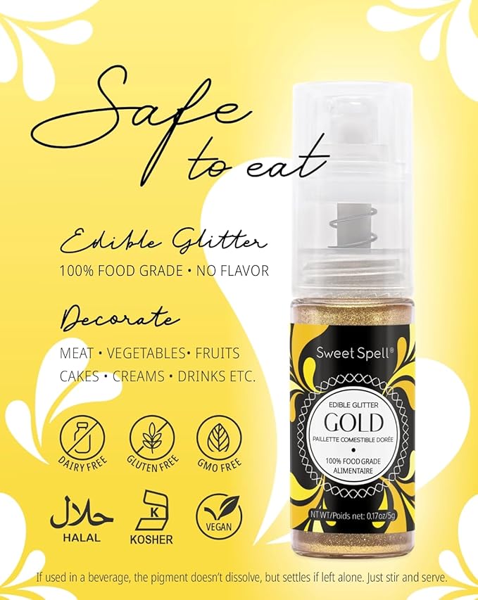 Sweet Spell Edible Cake Glitter Spray ??Shimmering Magic for Cakes Decorating & Cocktails ??100% Edible, Food-Grade, Vegan, Gluten-Free (Gold)