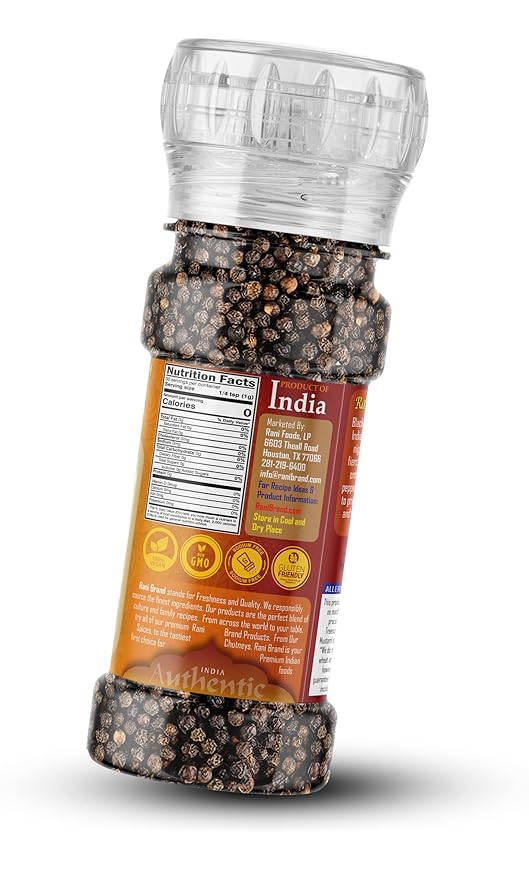 Rani Black Pepper Whole (Peppercorns), Premium MG-1 Grade 1.8oz (51g) Grinder Bottle ~ All Natural | Gluten Friendly | Non-GMO | Kosher | Product of Vietnam | Perfect size for Grinders!