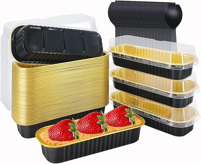 LNYZQUS Aluminum Foil Mini Loaf Pans with Lids 50 Pack, 6.8oz Rectangle Baking Cups Muffin Tins,Disposable Baking Tins Mini Baking Pans Holders -Black In Gold