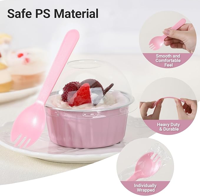 EUSOAR Disposable Creme Brulee Ramekins and Pink Spoons, 60pcs 5oz Mini Cake Cheesecake Pans with Lids, Aluminum Foil Ramekins with Lids Muffin Liners for Party Wedding Birthday Family Gathering