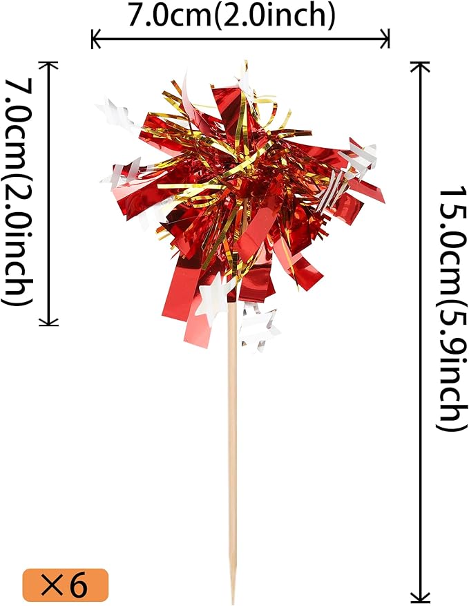 Rsstarxi 30 Pack Foil Firework Cupcake Toppers Red Sparkle Tinsel Drink Cake Decorations Cocktail Food Toothpicks for Happy Valentine's Day Birthday Wedding Graduation Party Decorations Red Silver