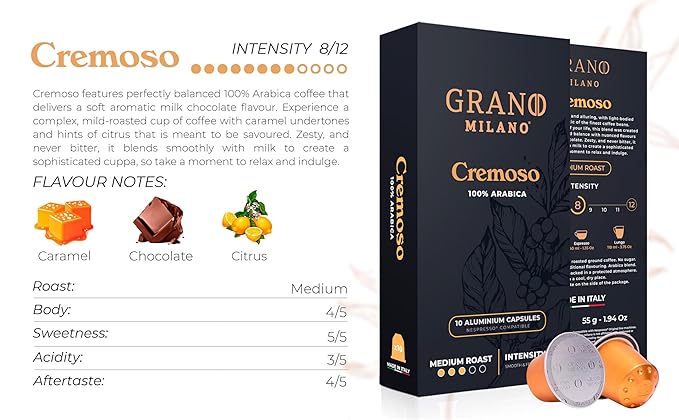 Grano Milano Cremoso Coffee Capsules - 50 Aluminum Coffee Pods Compatible with Nespresso Original line,100% Arabica Medium Roast - Intensity 8/12, Made in Italy