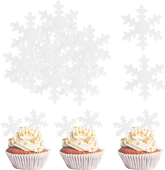 Rsstarxi 50 Pack Edible Snowflake Cupcake Toppers - White Snowflakes Cake Decorations for Winter Frozen Theme Baby Shower Birthday Party