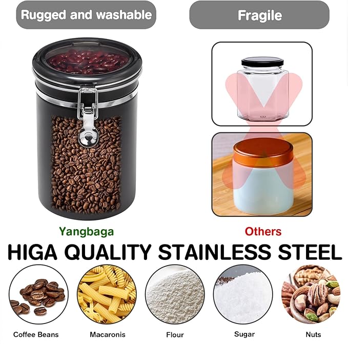 Yangbaga Ground Coffee Storage Container with Shelf, 2횞63OZ 304 Stainless Steel Coffee and Sugar Container,Airtight Coffee Canisters with Scoop, Food Storage Jars for Kitchen,Nuts,Tea,Sugar