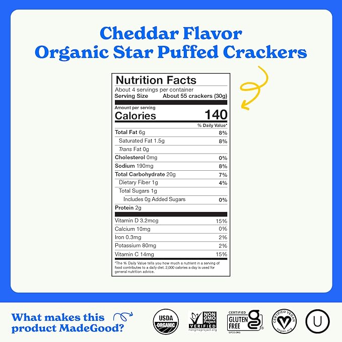 MadeGood Cheddar Star Puffed Crackers, 4.26oz Pouch, Organic Snacks