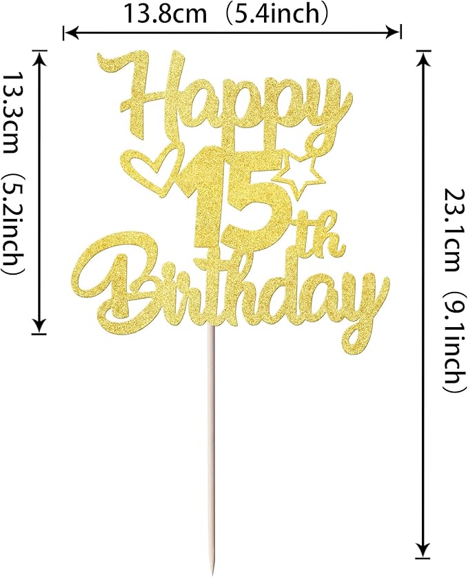 1 Pack Happy 15th Birthday Cake Topper Glitter Heart Star 15 Fabulous Cake Pick Birthday Sign Cake Decorations for 15th Birthday Theme Party Supplies Gold