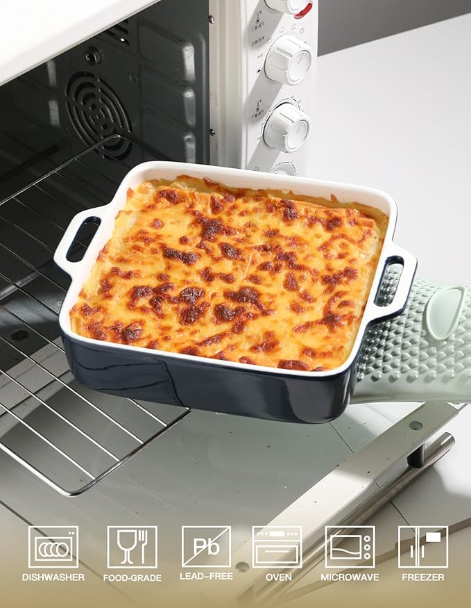 Sweejar 8x8 Baking Pan,Ceramic Casserole Dishes for Oven with Double Handlesï¼? QT Square Cake Baking Dish for Brownie,Lasagna,Casseroles,Family Dinner (Navy)