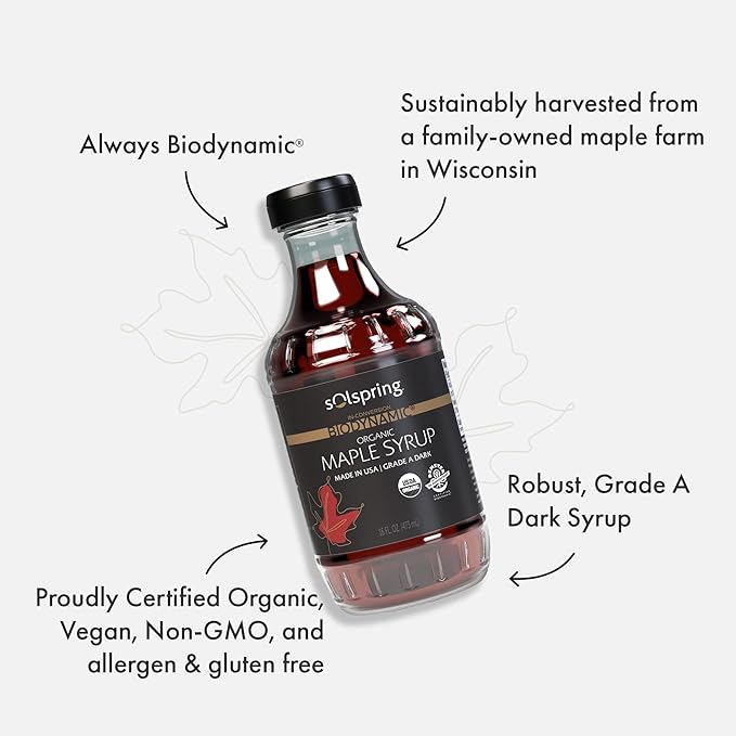 Solspring In-Conversion Biodynamic Organic Maple Syrup, 16 Fl. Oz. (473 mL), Made in USA, Grade A Dark, Certified USDA Organic, Regenerative, Non-GMO, Gluten Free, Soy Free, Dr. Mercola