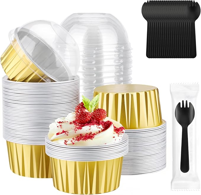EUSOAR Gold Cupcake Liners and Sporks Disposable, 60pcs 5oz Disposable Aluminum Creme Brulee Muffin Ramekins with Lids,Foil Baking Cups with Lids for Picnic Wedding Birthday Party Family Gathering