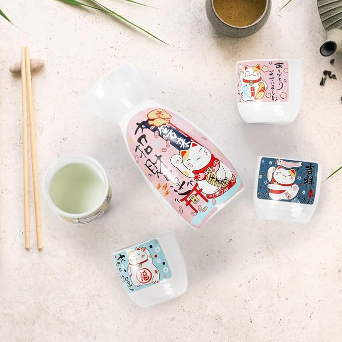 Goaste 5 Pieces Ceramic Japanese Sake Set, Durable Maneki Neko Sake Cups, Handmade Pottery Sake Glasses with 1 Bottle and 4 Cups in Cute Lucky Fortune Cat Pattern for Home Decoration, Gifting